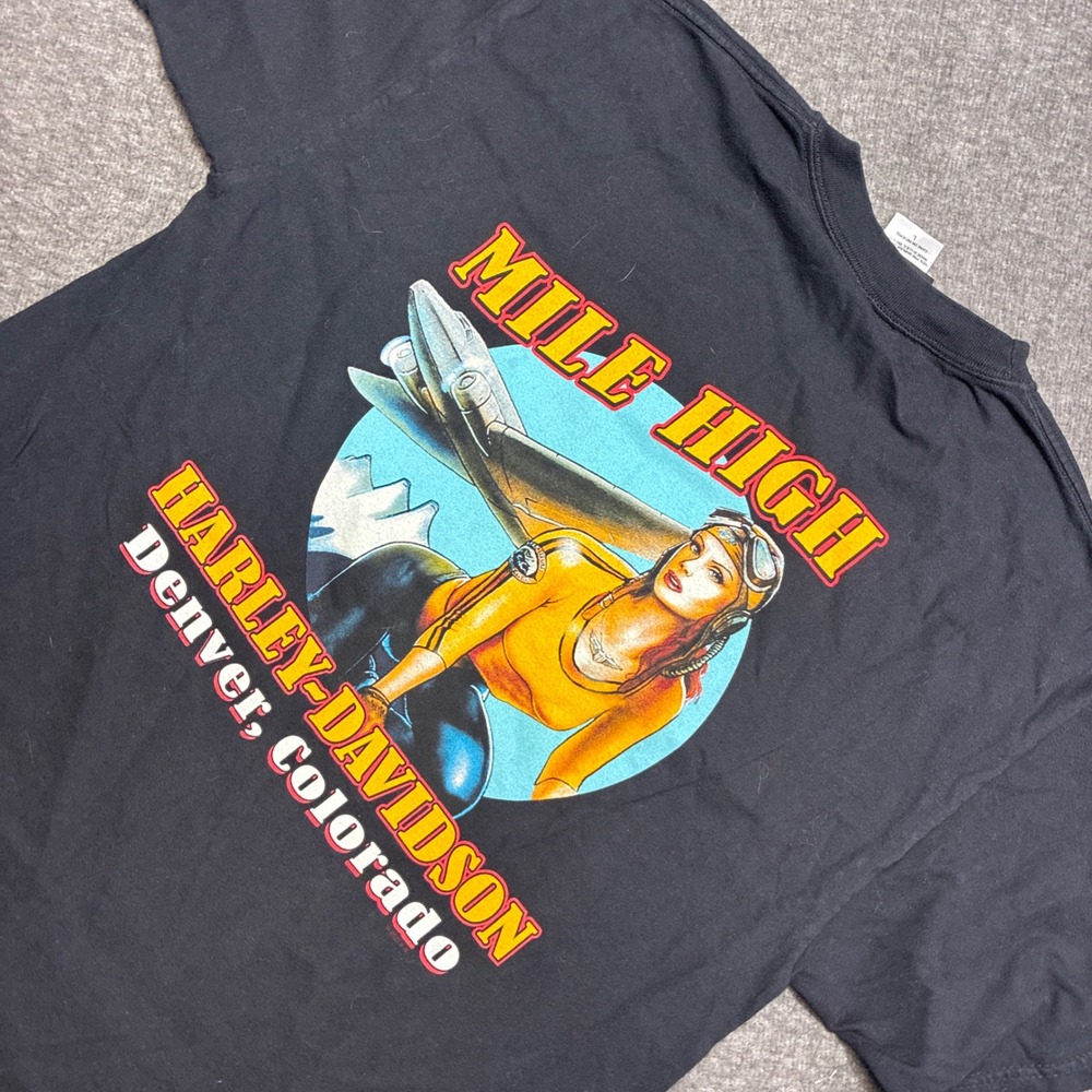 Vintage Harley-Davidson T-Shirt Mens Large Black Mile High Denver Colorado Pinup